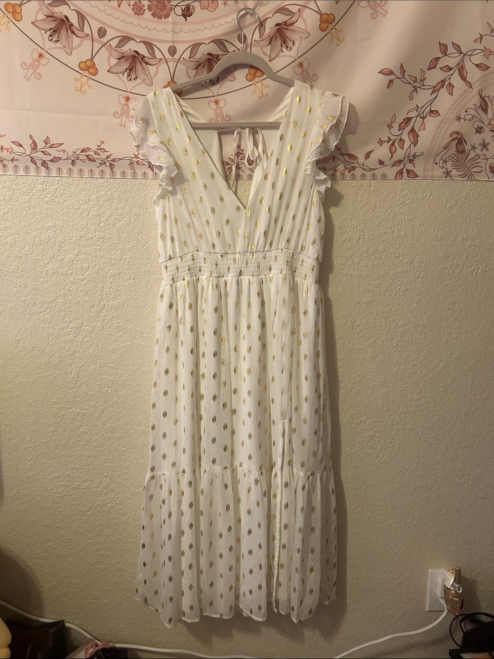 Lulu's White Midi Dress with Gold Dot Accents size L